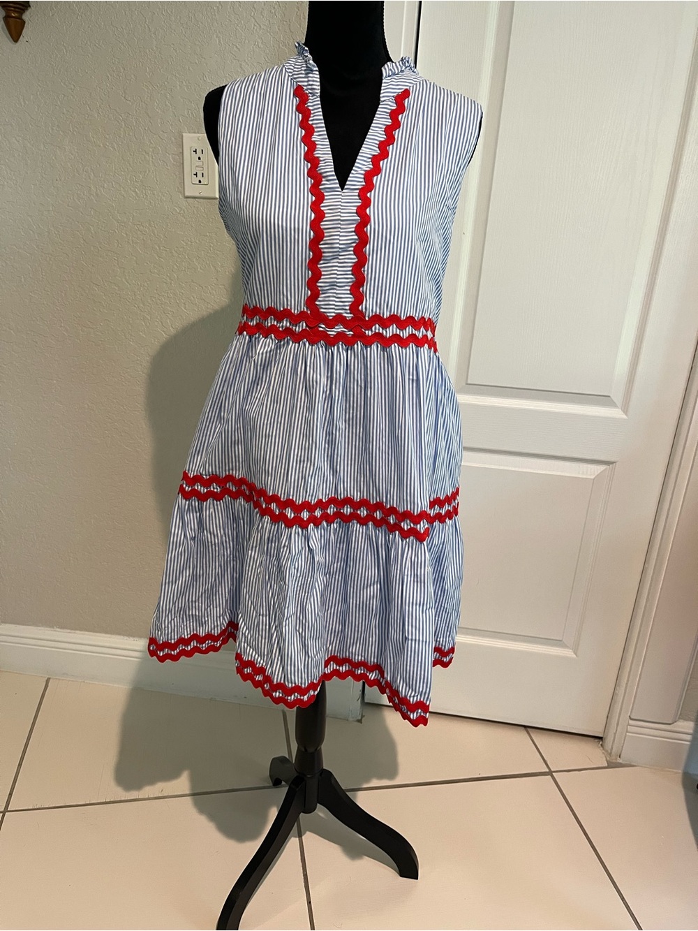 Sleeveless Blue Stripe Dress with Red Trim